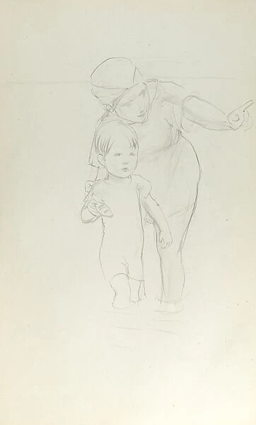 Pencil sketch of mother and child paddling