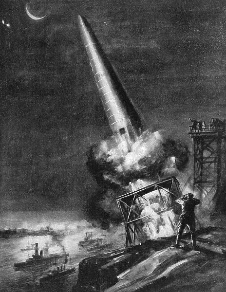 ROCKET TO THE MOON, 1920. Launch of a rocket aimed at the moon. Illustration, 1920