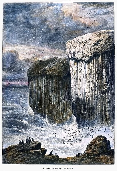 SCOTLAND: FINGALs CAVE. View of Fingals Cave on the island of Staffa in the Hebrides, off the coast of Scotland. Wood engraving, c1875, by Edward Whymper after R. P. Leitch