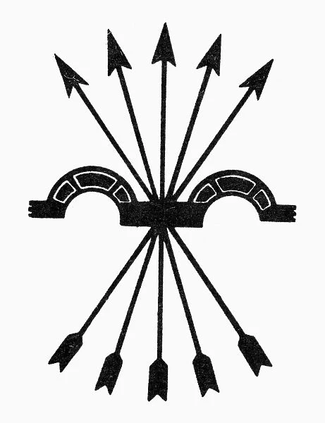 SYMBOL: FALANGISM. Arrows and yoke. Symbol of falangism. Woodcut
