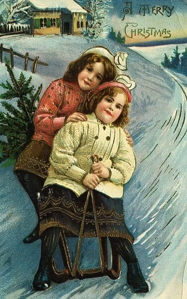 A Merry Christmas Postcard with Sledding Girls. ca. 1899-1915, A MERRY CHRISTMAS