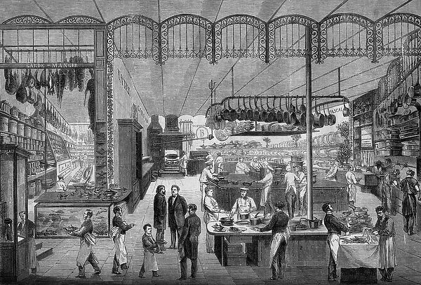 Cuisiniers et serveurs au travail dans les cuisines du cafe Riche, a Paris, en 1866