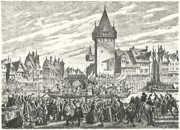 The Hirsebreifahrt, transportation of a cargo of millet by boat from Zurich to the citys ally, Strasbourg, 1576 (engraving)