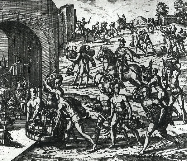 Indians bringing Balboa vases and gold objects (engraving) (b  /  w photo)
