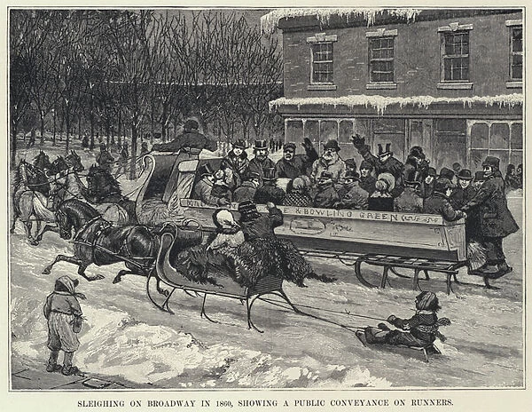 Sleighing on Broadway in 1860, showing a Public Conveyance on Runners (litho)