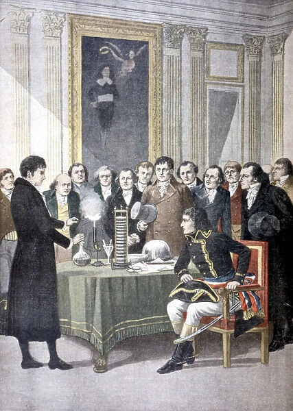 Alessandro Volta, demonstrating his pile (battery) to Napoleon, (c1800) 1901