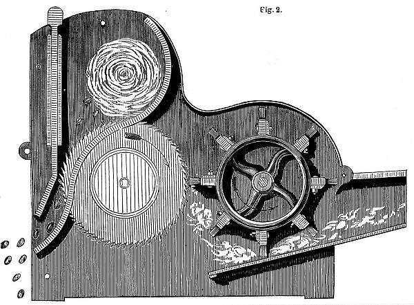 Cross-section of Eli Whitneys (1765-1825) saw-gin for cleaning cotton, 1865