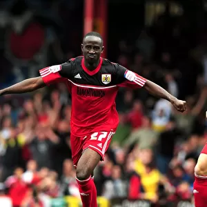 Adomah and Taylor Celebrate Goal: Bristol City vs. Blackburn Rovers, Championship Football Match, Ashton Gate Stadium, 2012