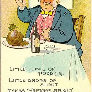 Christmas postcard, Man at a table with pudding and stout Date: 20th century