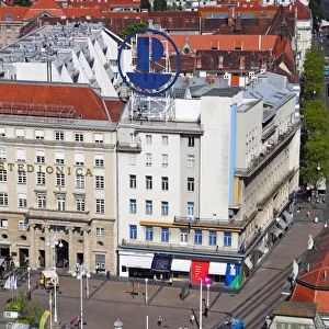 Aerial view of Ban Jelacic Square with a tram in Zagreb, Croatia