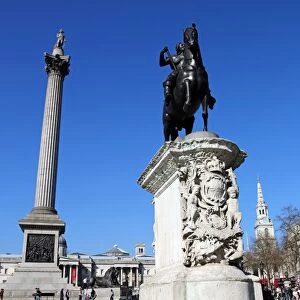 Nelsons Column and statues of King Charles I in Trafalgar Square, London