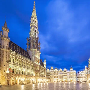 Panoramic view of Grand Place in Brussels by night, Belgium
