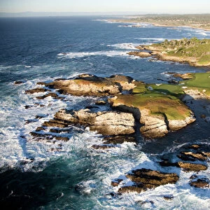 USA. California. Carmel. Aerial of the Pebble Beach Golf course and a sweeping view of Carmel