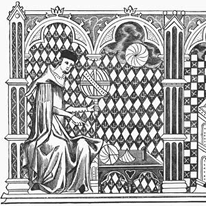 MEDIEVAL MATHEMATICIANS. Two mathematical monks; one teaching the globe, the other copying a manuscript. Engraving after a miniature in the 13th century ms. of the Romance of the Image of the World