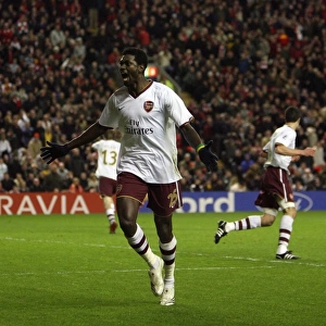 Emmanuel Adebayor celebrates scoring Arsenals 2nd goal