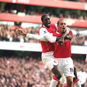 Gilberto celebrates scoring his 2nd and Arsenals 3rd from the penalty spot with Emmanuel Adebayor. Arsenal 3: 1 Tottenham Hotspur. FA Premiership. Emirates Stadium, London, 2 / 12 / 06. Credit: Arsenal Football Club /