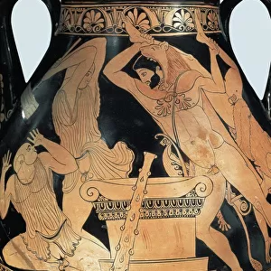Attic pelike depicting Heracles killing king Busiris and Egyptian priests, by Pan Painter, red-figure pottery