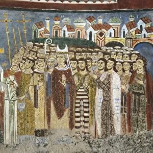 Italy, Latium region, Anagni (Frosinone province). Cathedral of Anagni, crypt, Bishop Zaudria and people of Anagni waiting for restitution of remains of St. Magnus, Fresco detail