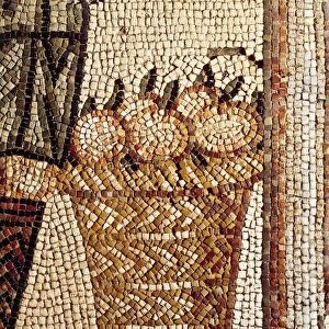 Detail of mosaic depicting offering of firstlings in basket of fruit