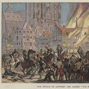 The Attack on Antwerp, 1576, called "The Spanish Fury"(colour litho)