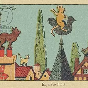 Three gutter cats admire the one riding on the back of the bell tower rooster. " Horseback riding", 1936 (illustration)