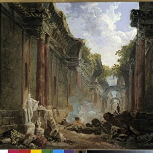 Imaginary view of the Grande Galerie du Louvre in ruins Painting by Hubert Robert