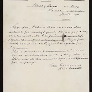 Letter providing a reference for a pupil of a London County Council school in Lewisham, 1910 (litho)