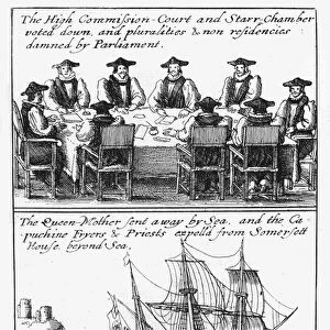 Members of the Star Chamber; Queen Henrietta Maria sails from England, 1642 (etching)