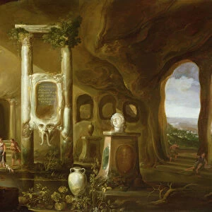 A monument to Augustus, in a grotto with figures, 17th century