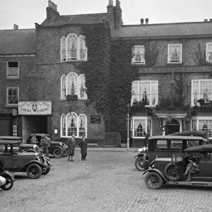Cars parked outside the Fleece Hotel, Thirsk, Yorkshire, Ilkley & District Motor Club Trial