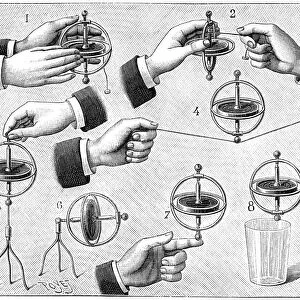 Engraving depicting a gyroscope being used, 19th century