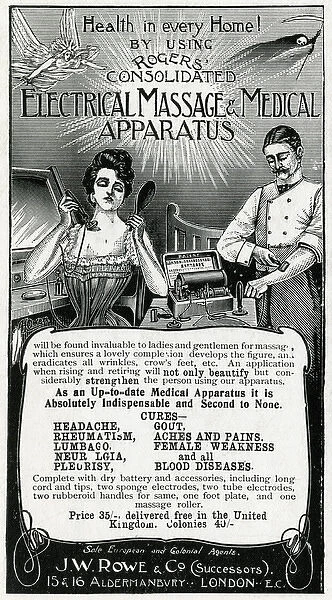 Advert for J. W Rowe & Co. electrical massage apparatus 1902