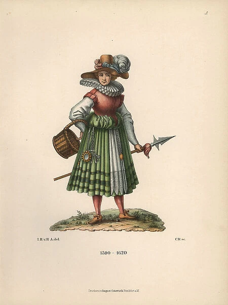 Camp follower from the 17th century, with lance and basket