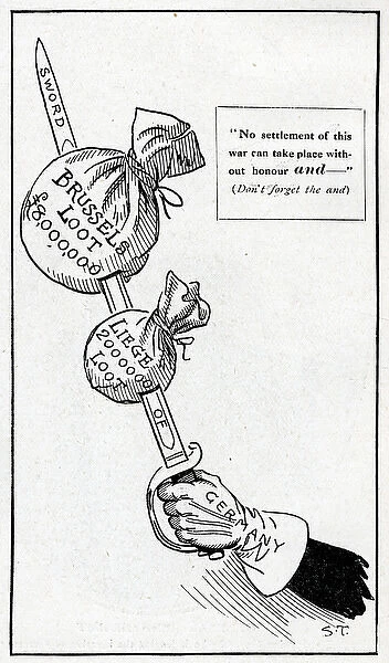Cartoon, German sword with loot from Belgium, WW1