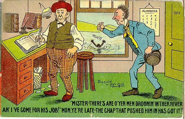 Comic postcard, Two Scotsmen in an office, job vacancy Date: 20th century