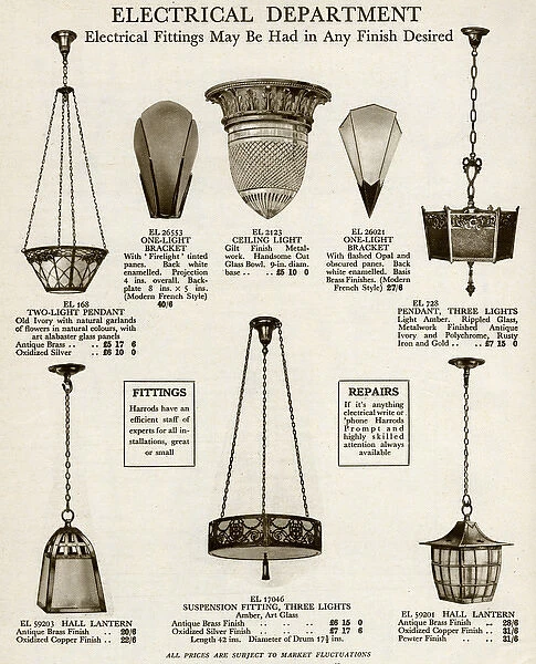 Electric ceiling & wall lights using glass and metal 1929