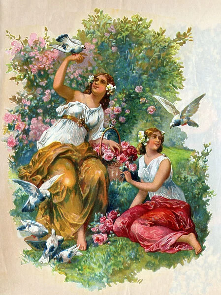 Victorian Transfer design, girls with birds and roses