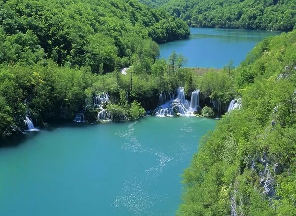 Plitvice Lakes lower canyon with waterfalls and turqoise coloured lakes seen from above Plitvice Lakes National Park, Croatia