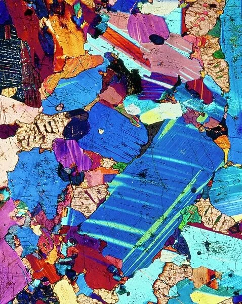 Polarised LM of a thin section of gabbro rock