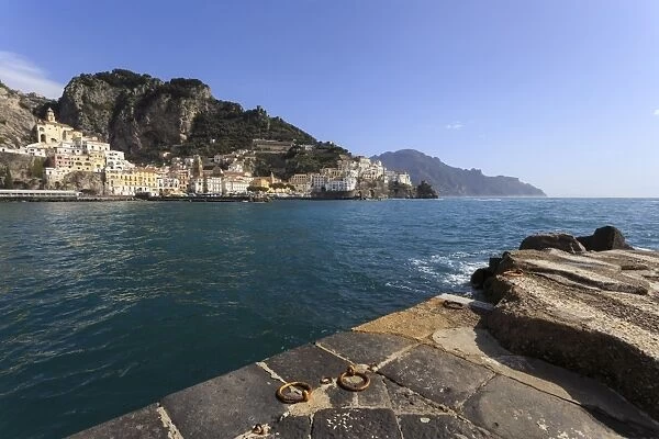 Amalfi harbour quayside and view towards Amalfi town, Costiera Amalfitana (Amalfi Coast)