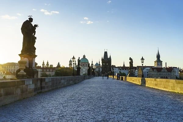 Early morning on Charles Bridge looking towards the Old Town, UNESCO World Heritage Site