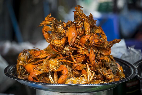 Amarapura, Mandalay region, Myanmar. Plate of cooked crabs