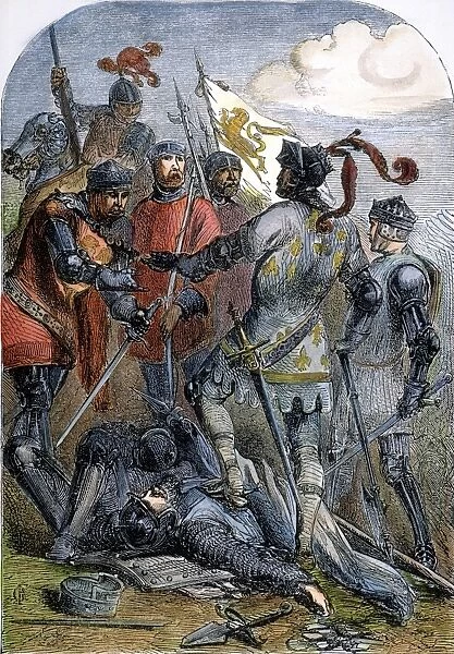 BATTLE OF POITIERS. King John of France (Jean Le Bon) surrenders to the Earl of Warwick, emissary of Edward, Prince of Wales, at the Battle of Poitiers, Sept. 19, 1356: wood engraving, English, 19th century