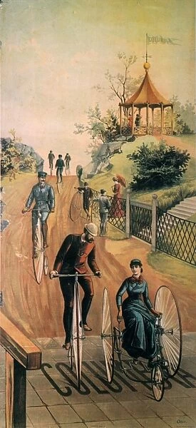 COLUMBIA BICYCLES POSTER. American lithographic advertising poster for Columbia Bicycles, c1885, by Donaldson Brothers