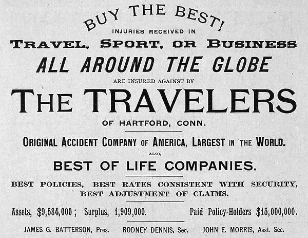 INSURANCE: ADVERTISEMENT. An advertisement for the Travelers Insurance Company of Hartford
