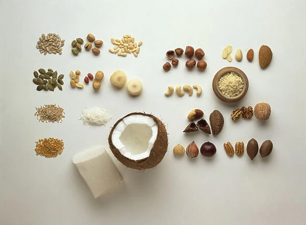 Assorted nuts and seeds, including almonds, cashews, hazelnuts, Brazil nuts, walnuts, pecan nuts, pistachio nuts, peanuts, pine nuts, chestnuts, coconut and block of creamed coconut, pumpkin seeds, sunflower seeds, sesame seeds, linseeds