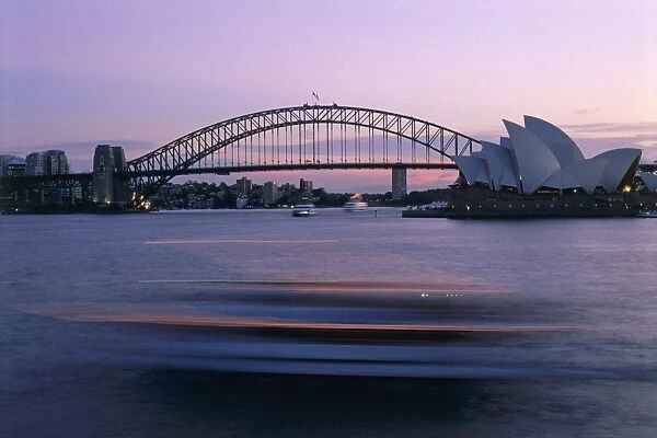 Australia, Sydney Opera House and Harbour Bridge at dusk