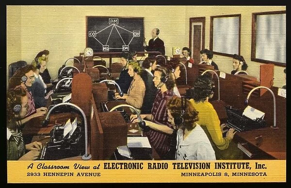 Classroom at Electronic Radio Television Institute. ca. 1944, Minneapolis, Minnesota, USA, I am training for a thrilling airline position with THE ELECTRONIC RADIO TELEVISION INSTITUTE, Inc. 2933 HENNEPIN AVENUE, MINNEAPOLIS 8, MINNESOTAjaand I like it. A Classroom View at ELECTRONIC RADIO TELEVISION INSTITUTE, Inc