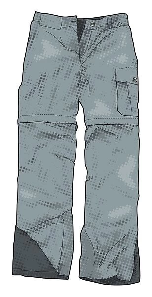 Digital illustration of grey convertible hiking trousers that unzip into shorts