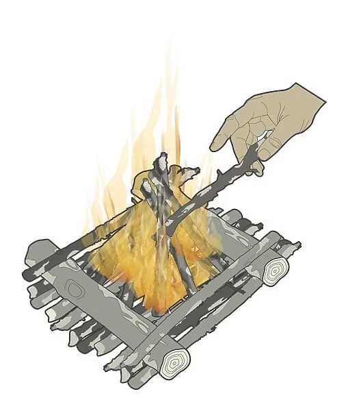 Digital illustration showing how to add more wood across two logs forming log-cabin effect on burning camp fire on platform of sticks